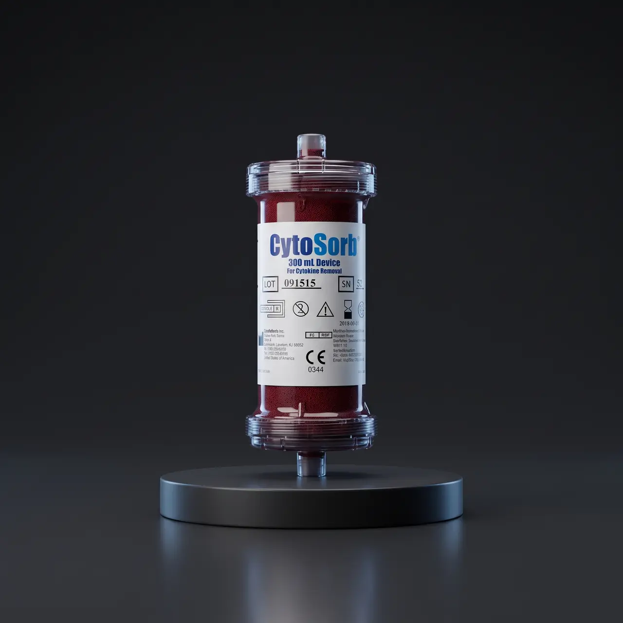 Cartucho CytoSorb de hemoperfusión sobre un pedestal